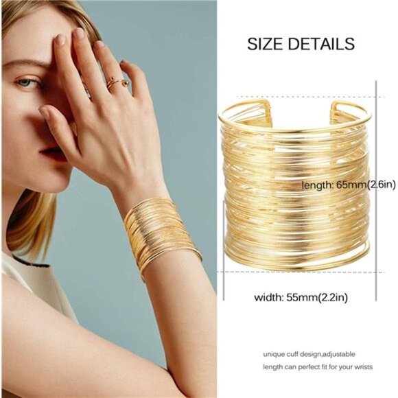 4 Pcs Cuff Bangle Bracelet for Women Open Wide Wire Bracelets Gold Wrist Cuff - Picture 5 of 8
